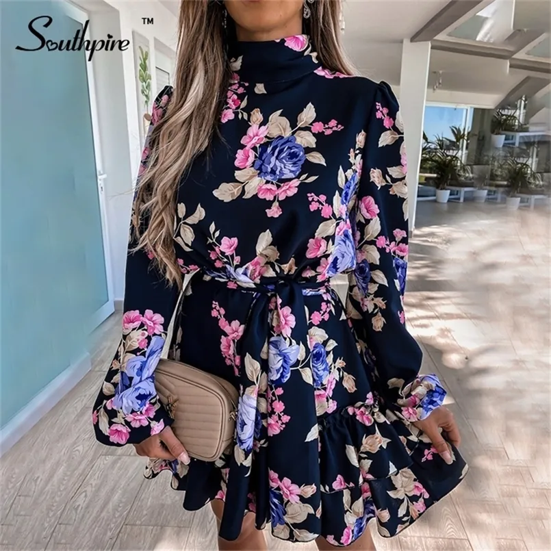 Southpire Women's Navy Floral Print Loose Style Mini Dress Long Sleeve High Neck Party Dress Summer Day Casual Ladies Clothes 220531