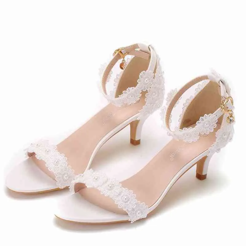 Summer Ladies Lace Flower Wedding Shoes Bridal Sandals Women's Stiletto White Heels Female Princess Sandal For Women Bride A0002 AA220316