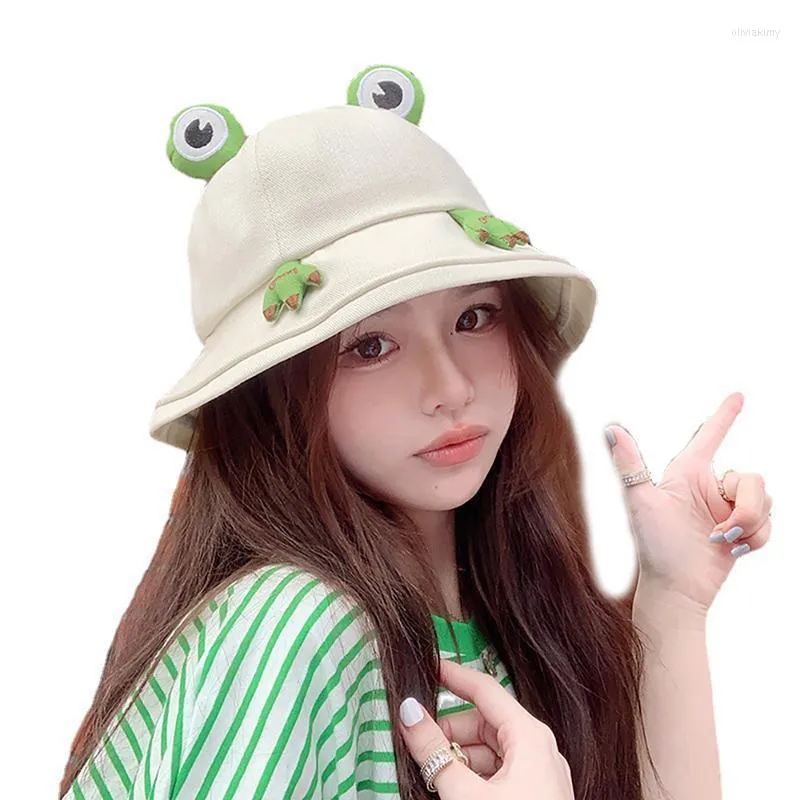 Chapeaux à large bord seau femmes dessin animé petite grenouille chapeau de pêcheur double face Style coréen solide escalade en plein air crème solaire HatWide Oliv22