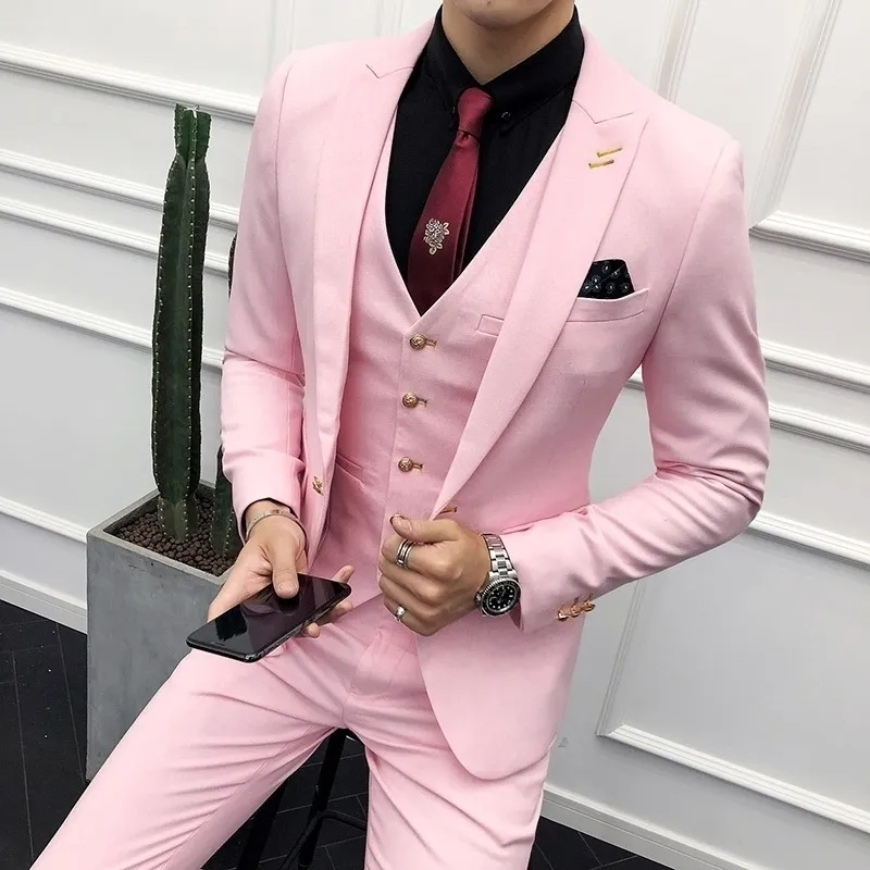 3pc 정장 남성 브랜드 슬림 한 적합 비즈니스 공식적인 턱시도 고품질 웨딩 드레스 남성 수트 캐주얼 의상 Homme 2xl 핑크 201066