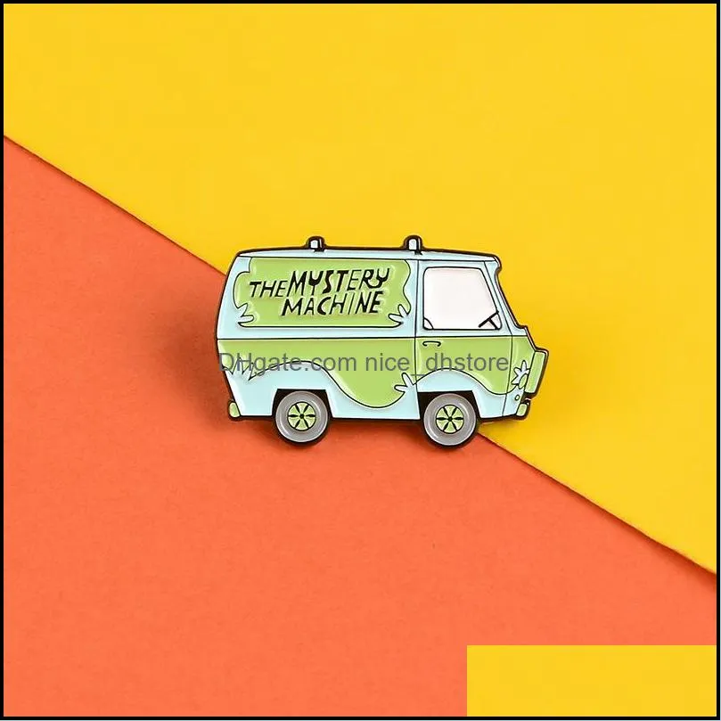 magical green car enamel pins the mystery machine badges solve trouble brooches for women backpack bag lapel pin cartoon cute jewelry