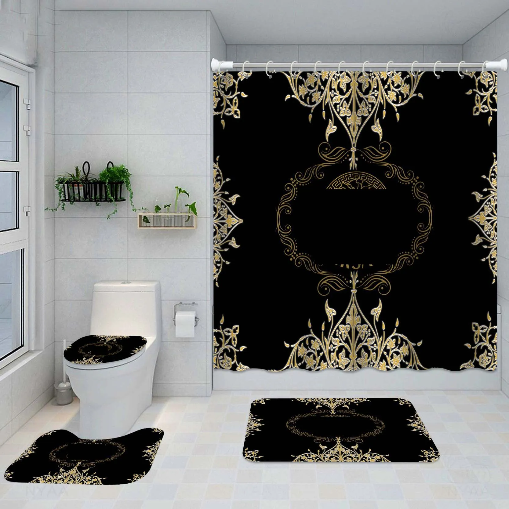 New 3D Luxury Black Gold Greek Key Meander Bathroom Curtains Shower