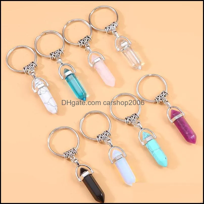 Key Rings Jewelry Natural Stone Hexagon Prism Keychain Opal Crystal