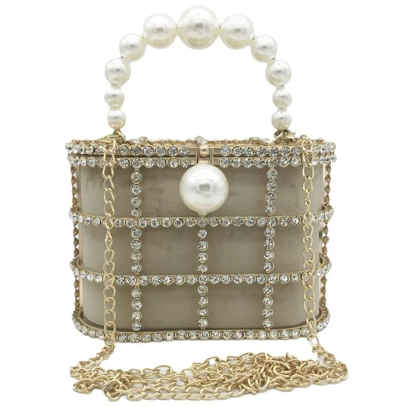 Evening Bags Boutique De FGG Pearl Top-Handle Women Totes Bag Gold Bucket Metal Clutches Crystal Purses Wedding Bridal Handbags