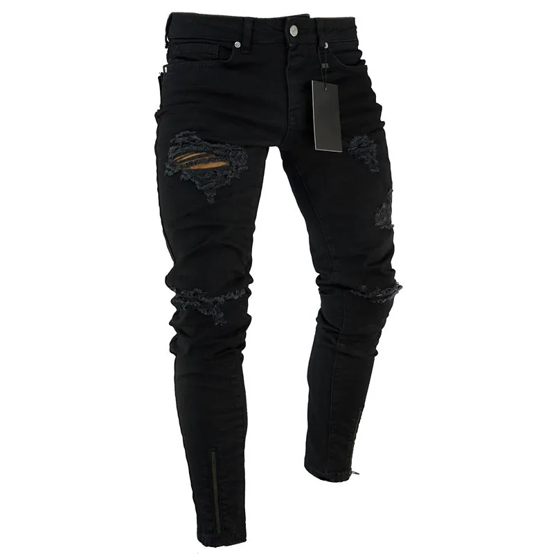 Джинсы Ritsleting Bawah Skinny Fit Melar Hitam Celana Jeans Pemotor Lubang Tertekan Robek Lutut Celana Jeans Hip Hop Jalanan Ukuran 220817