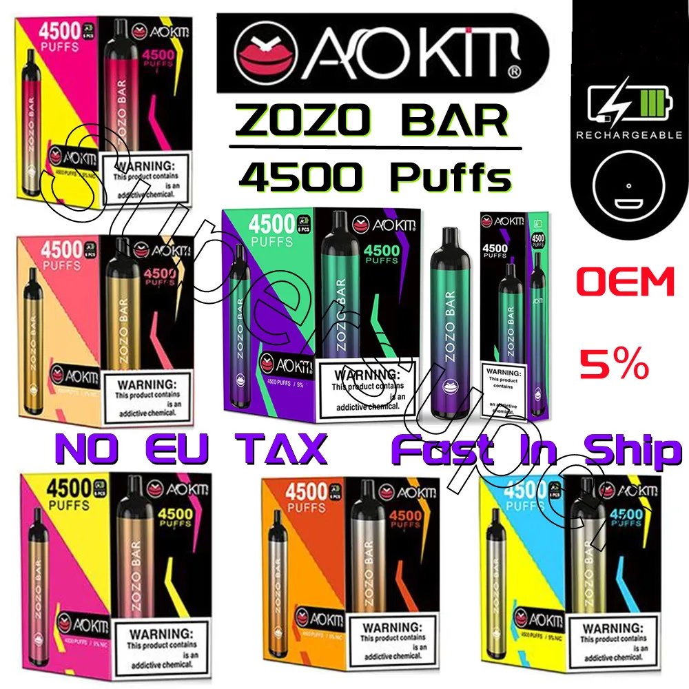 Autentisk Aokit Zozo Bar 4500 bar träffar ingen EU -skatteresable E Cigaretter engångsång 15,8 ml Refillerbar ångpod 650mAh Uppladdningsbart batterimärke OEM VAPE PEN PEN