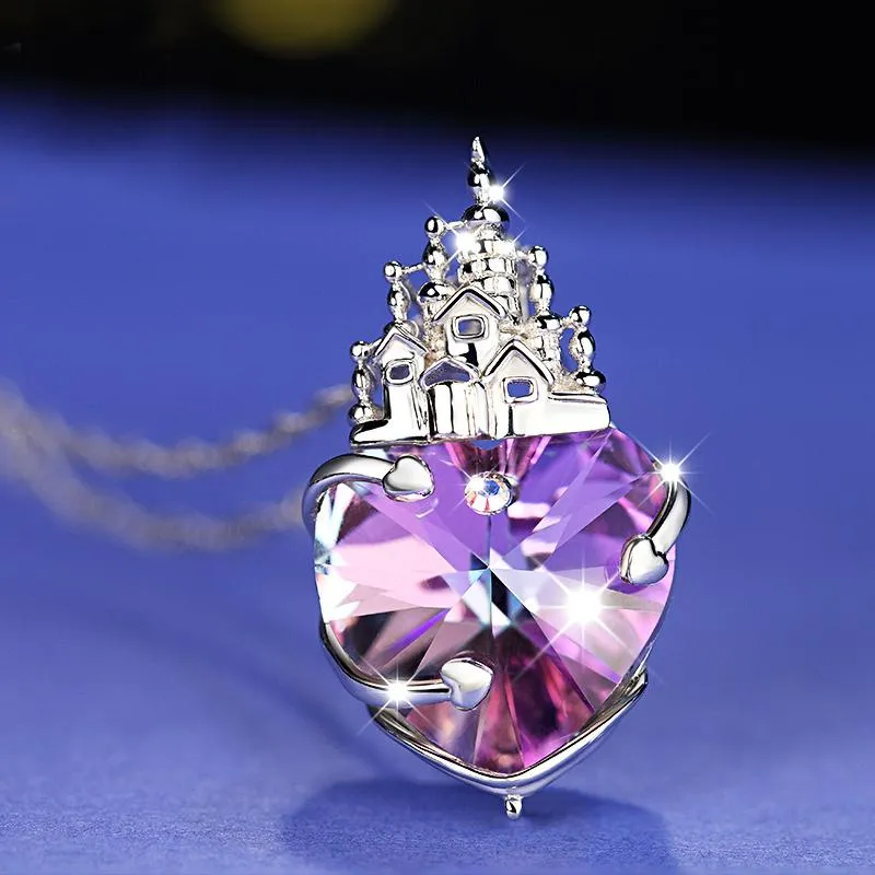 Collane con ciondolo Castello dell'amore romantico Collana di cristallo viola a forma di cuore per donne Ragazze Regalo di gioielli di San Valentino Ciondolo per fidanzata