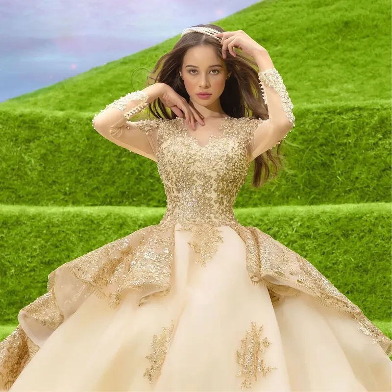 Sweet 16 Gold Lace Quinceanera Dresses Pearls Ball Gown vestidos para 15 vestido de xv a os Glitter Sequined Birthday Prom Gown