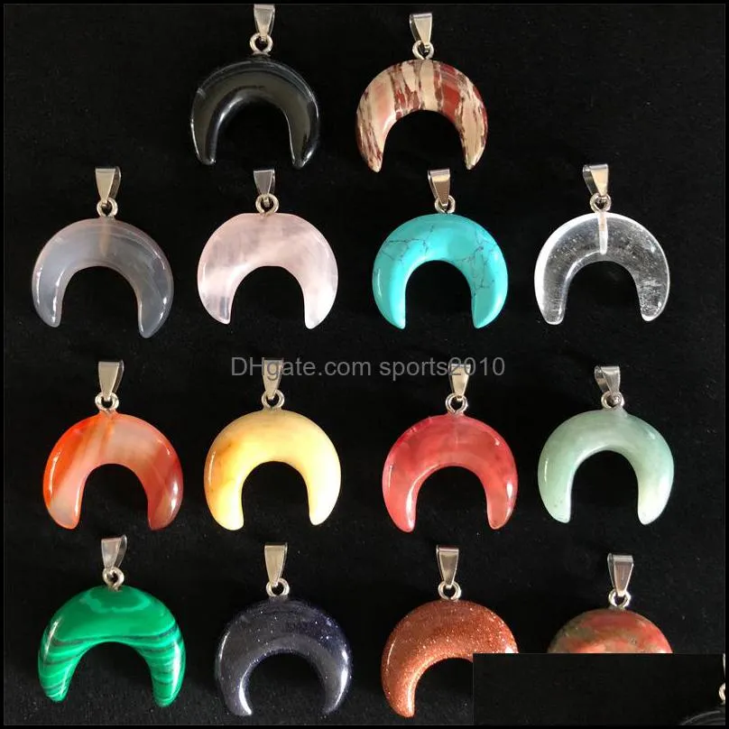 30mm natural stone crystal charms pendants ox horn crescent shape copper edging for necklace jewelry making diy gift women sports2010