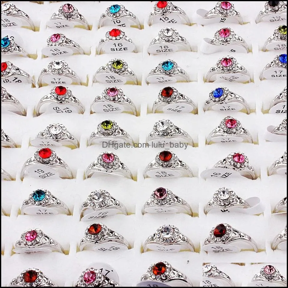 50pcs fashion alloy silver rings cute colorful rhinestone finger ring jewelry for men women gifts couple