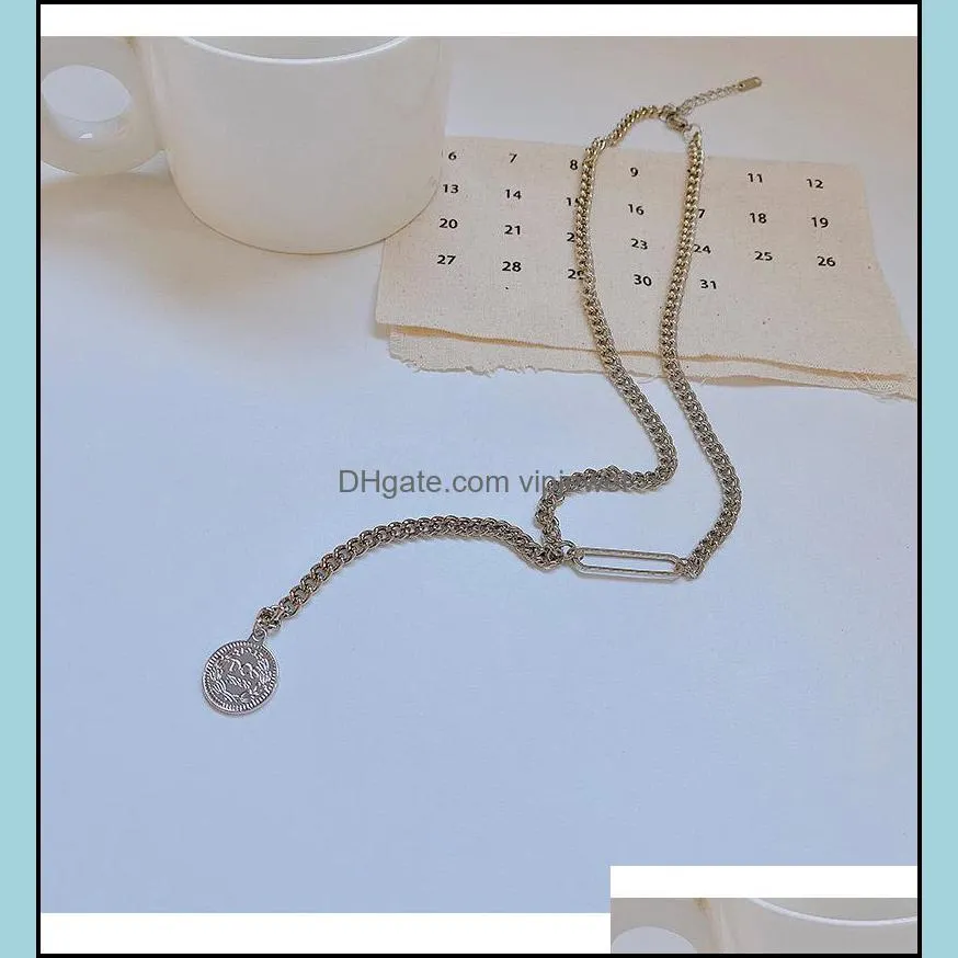 pendant necklaces fashion hip-hop pin round necklace irregular silver color for women girls simple long chain daily party bar accessory