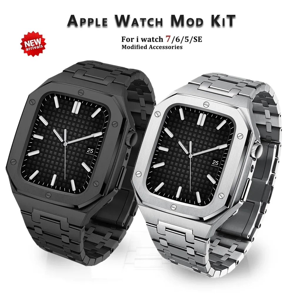 Nowa modyfikacja ze stali nierdzewnej pasek z etui na pasek do zegarka Apple 45mm seria IWatch 7 6 5 4 3 SE 44mm szlachetne luksusowe akcesoria metalowe