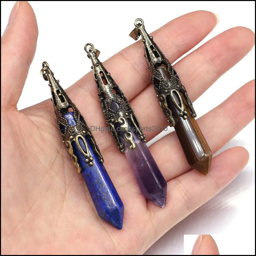 Konst och hantverk Arts Gifts Home Garden Facettered Cone Healing Stone Charms Tiger Eye Rose Quartz Amethyst Crystal Pender P DH5LO