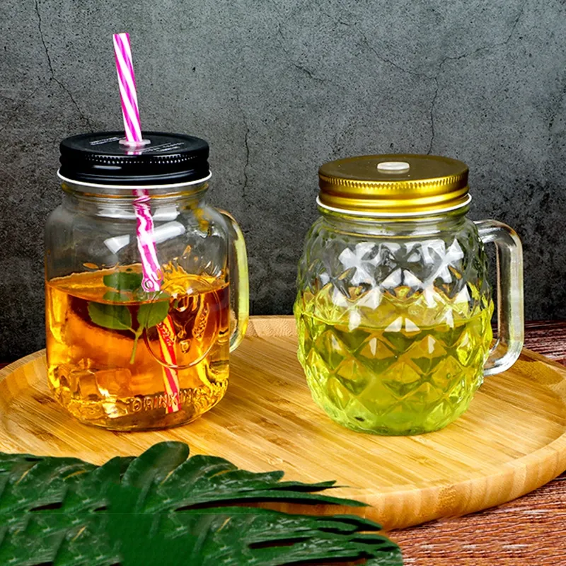 KEMORELA 590 Bicchieri in vetro con coperchi e cannucce in vetro Set di 4 vetreria Ideale per frullati di caffè freddo, succhi, cocktail  15