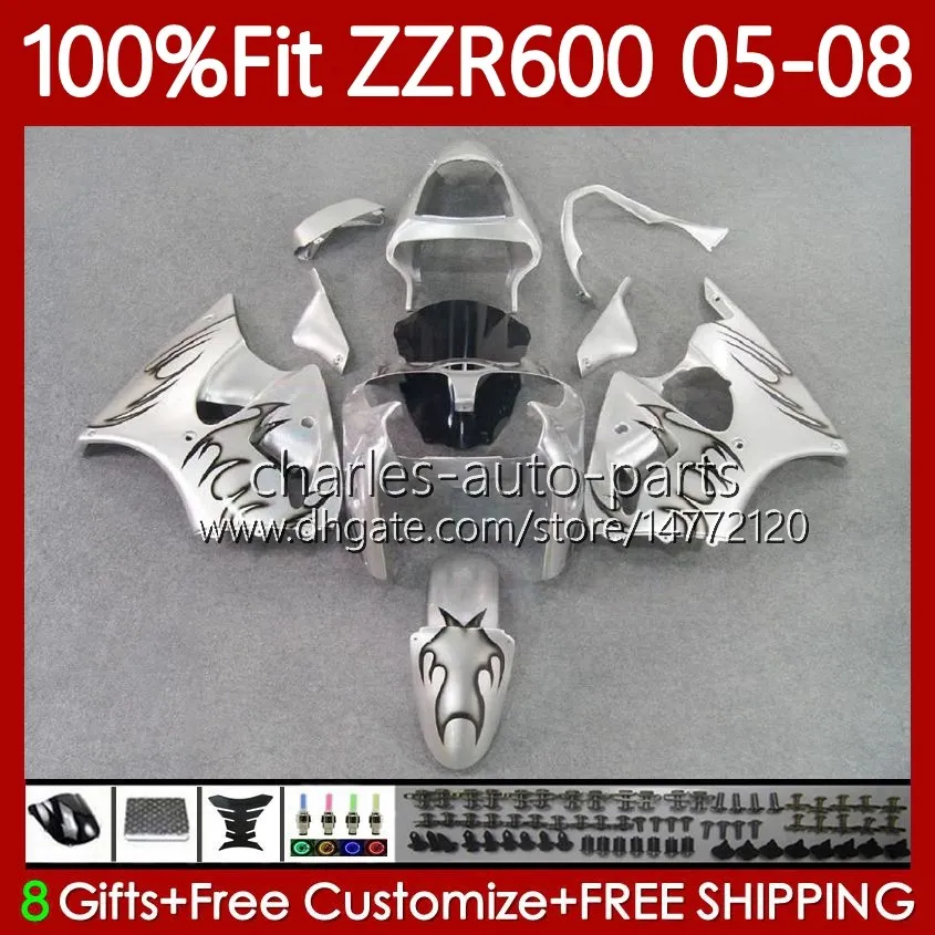 100% Fit Fairings For KAWASAKI NINJA 600CC ZZR-600 600 CC 2005-2008 Bodywork 134No.78 ZZR600 Silvery black 05 06 07 08 ZZR 600 2005 2006 2007 2008 Injection Mold Body Kit