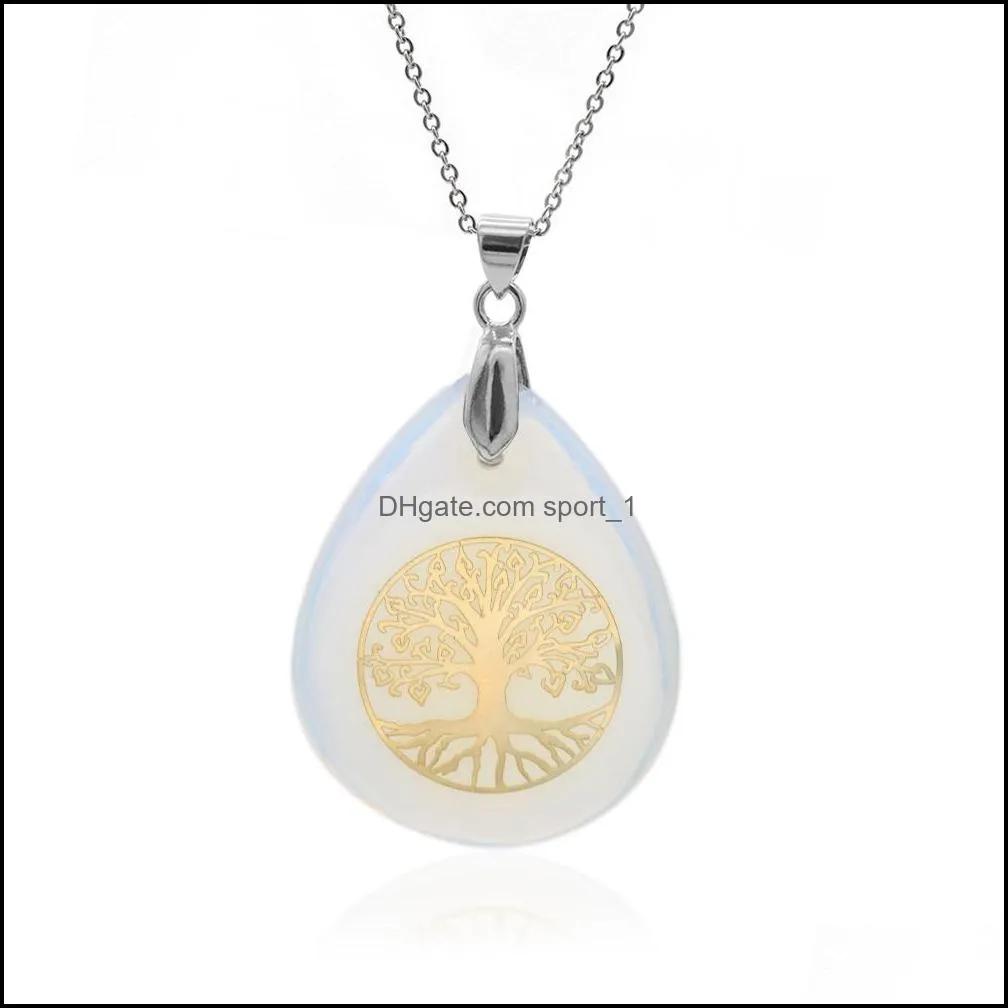 Life Tree Teardrop Gemstone Pendant Necklace Natural Stone Quartz Pendants with Plated Chain 18 inch Women Jewelry Gifts
