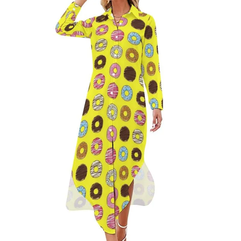 Sıradan elbiseler rüya gibi donut elbise renkli gıda baskı estetik uzun kollu elegan şifon v boyun