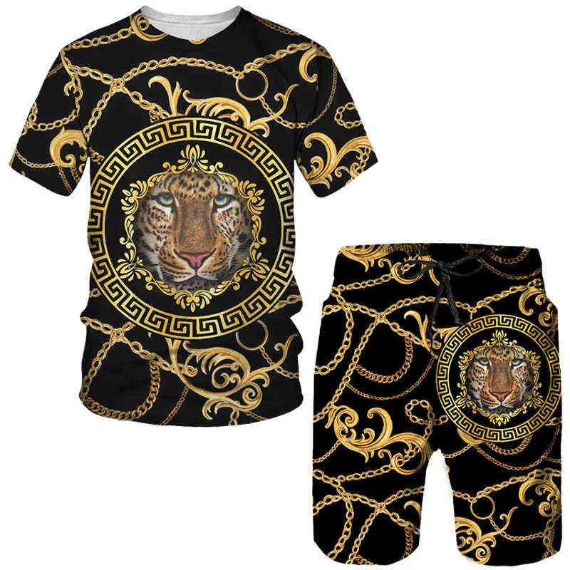 T-shirt/shorts/shorts/terno de leão dourado de verão/Tops de pescoço O-deco