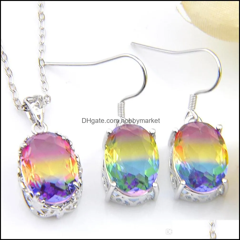 Boucles d'oreilles Collier Bijoux Ensembles Lucky Shine Mode Classique Femmes Ovale Bi Coloré Tourmaline 925 Sterling Sier Zircon Pendentifs Cadeau Drop De