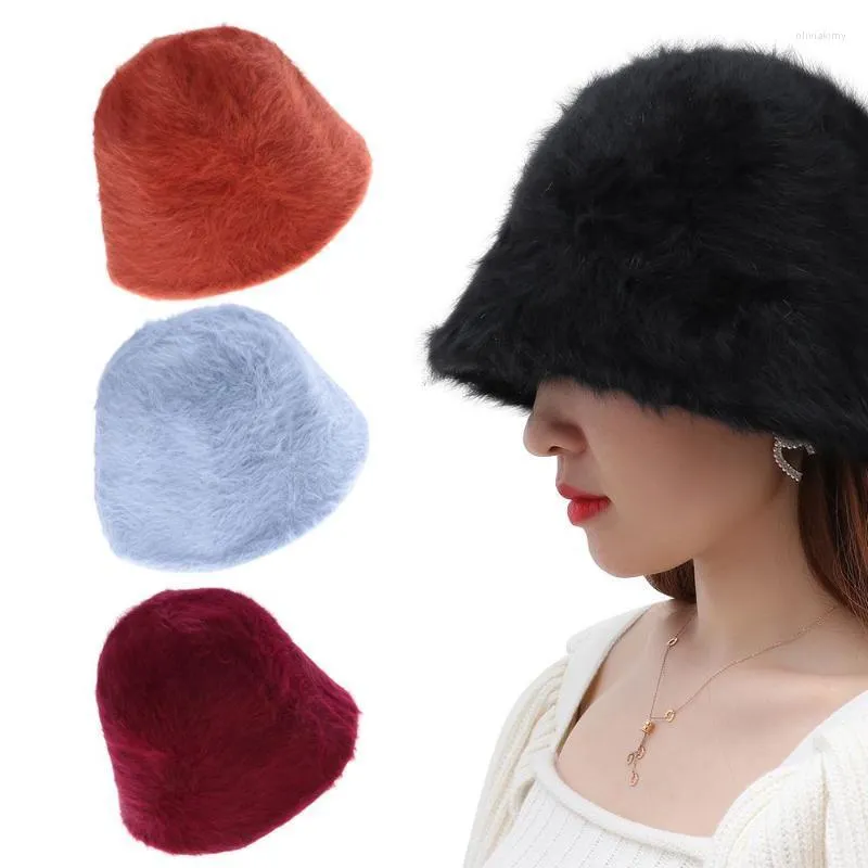 Chapeaux à large bord doux couleur unie seau chapeau femmes mode épaissi pêcheur fausse fourrure dame casquette hiver garder au chaud accessoires Oliv22