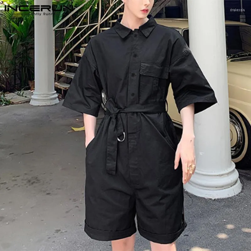 Мужские брюки Incerun Fashion Jumpsuit Men Men Half -рукав свободные брюки с твердым цветом корейский стиль Dompers 2022 Компания уличная одежда Drak22