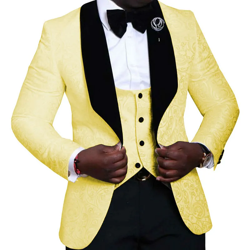 2022 Custom Made Jaune Floral Un Bouton Châle Revers Hommes Costumes Garçons D'honneur Slim Fit Mariage Formel / Marié Tuxedos Costumes De Bal Manteau Pantalon Gilet Arc