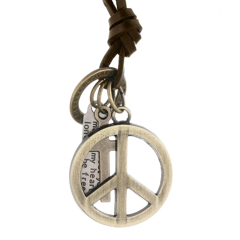 Monde Paix Symbole Pendentif Collier Lettre ID Anneau Croix Charme Réglable Chaîne En Cuir Colliers pour Femmes Hommes Mode Bijoux Cadeau