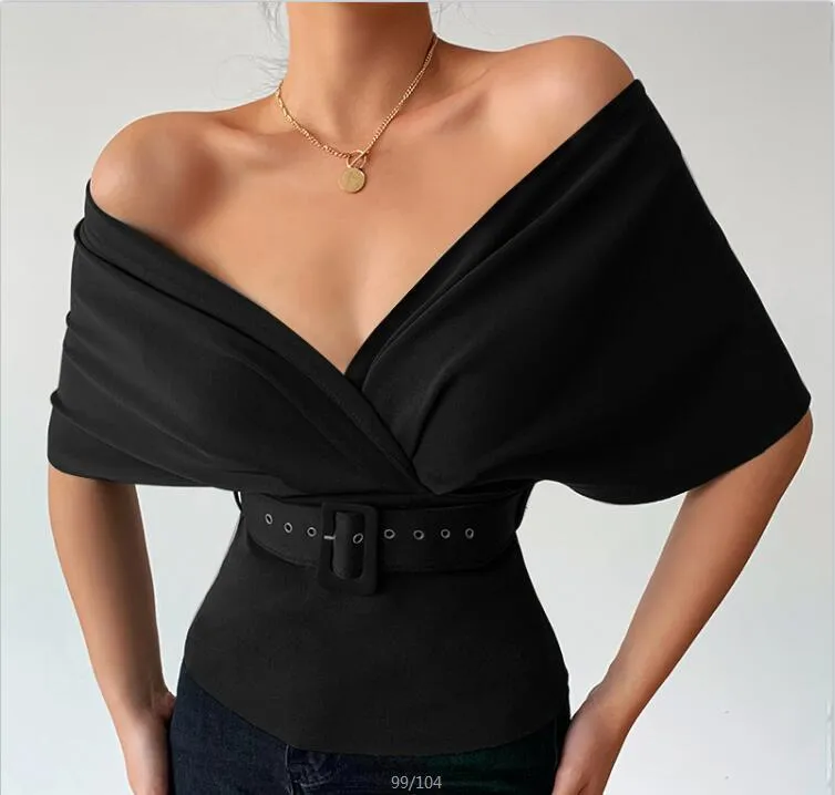 Fashion-Women's T-shirt 2022 Ny Stropless Midja Sexig Big V-Hals Short-Sleeved Top Coat #