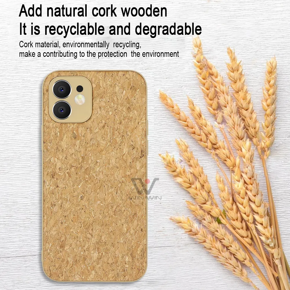 2022 Natural Cork Wood Laser Gravering Telefonfodral Sugsäkert bakslagskal för iPhone11 12 13 14 XS XR X Max