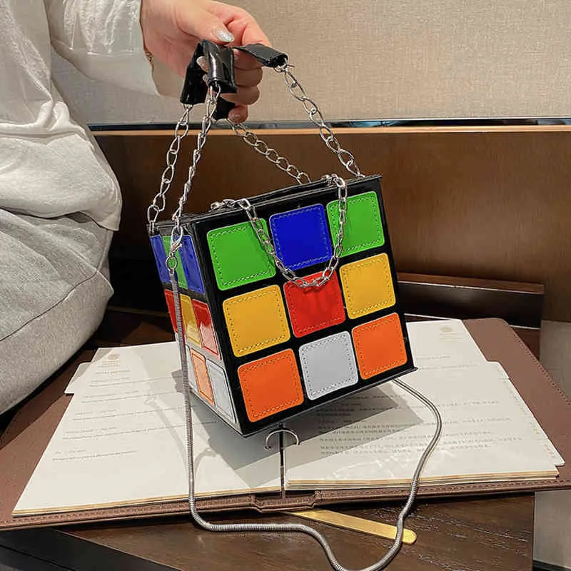 Abendtaschen Kleine Handtaschen für Frauen Rubik 'S Cube Ontwerp Portemonnee Vierkante Handtaschen Mini mit Metallketting Lederen Umhängetaschen 220416