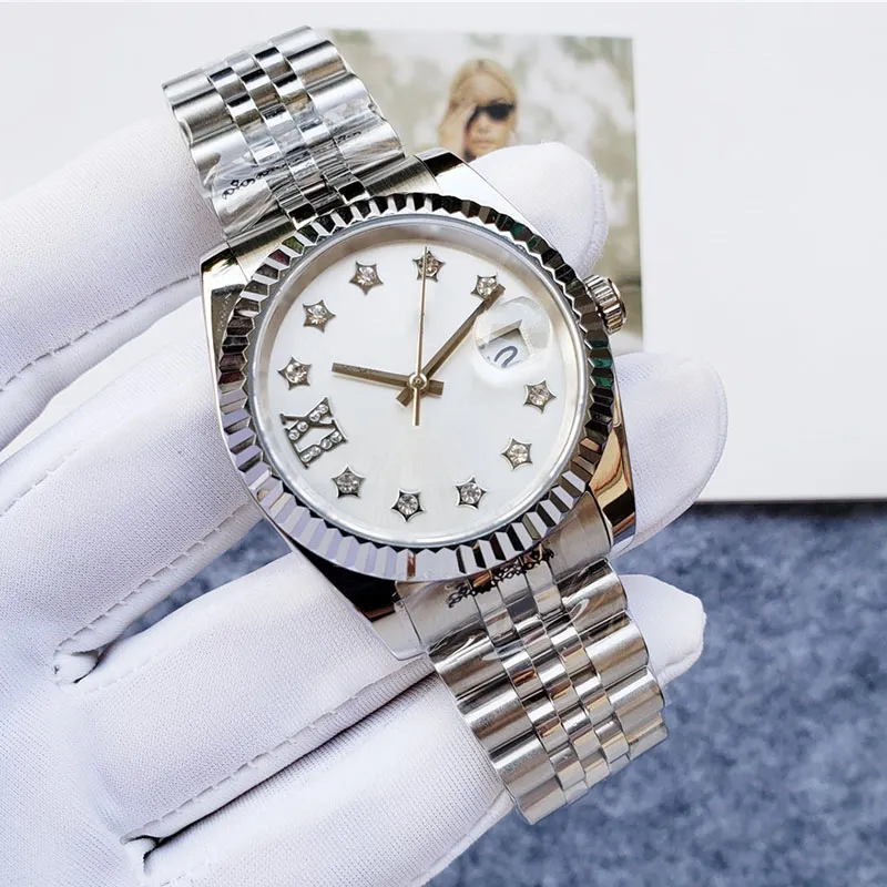 デザイナーの女性の時計女性の自動機械式発光時計星ダイヤモンドステンレススチールストラップウォッチ付き28/31mmホワイトダイヤル