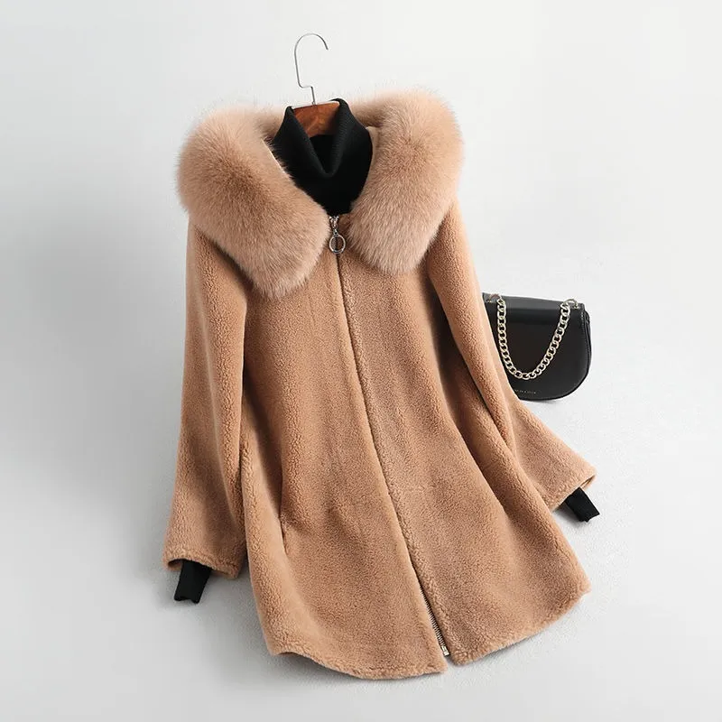 여성 가을 ​​겨울 진짜 양고기 모피 코트 여성 따뜻한 여우 모피 칼라 후드 자연 양 양모 재킷 여성 outwear
