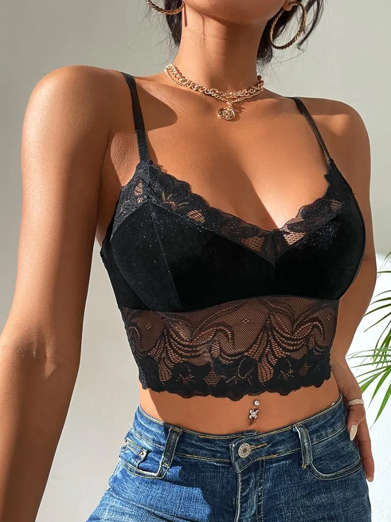 Kadın Tankları Camis Dantel Birleştirme Camisole Düz Renk Seksi Derin V-Yok Spagetti Kayışı İnce-Fit Vahşi Yaz Kadın Moda Nef Sling