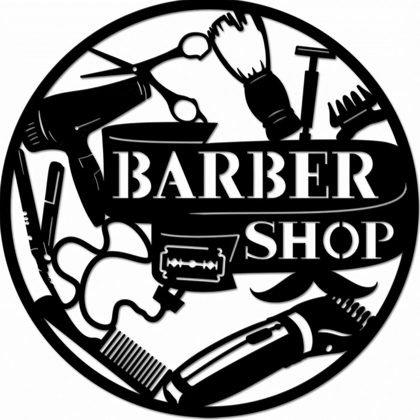 Fashion Salon Haircut Barber Shop Metal Wall Art Round 22" Black Sculpture Decor