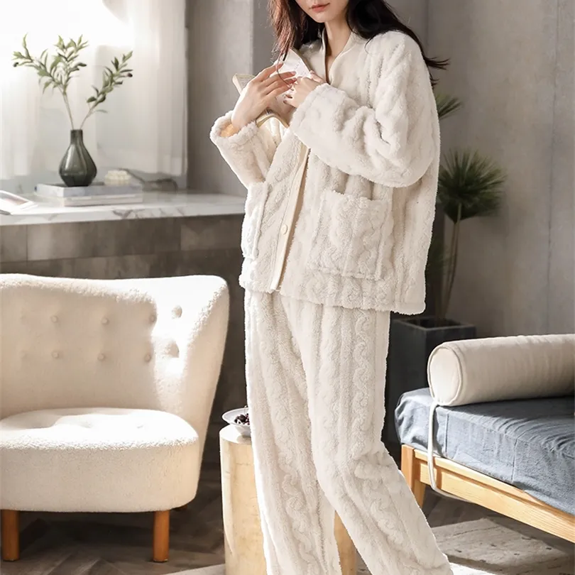 ATUENDO Winter Warm Soild White Pyjama-Set für Damen Vintage Atoff Home Satin-Flanell-Nachtwäsche 100 % samtweiche Seide-Nachtwäsche 220329
