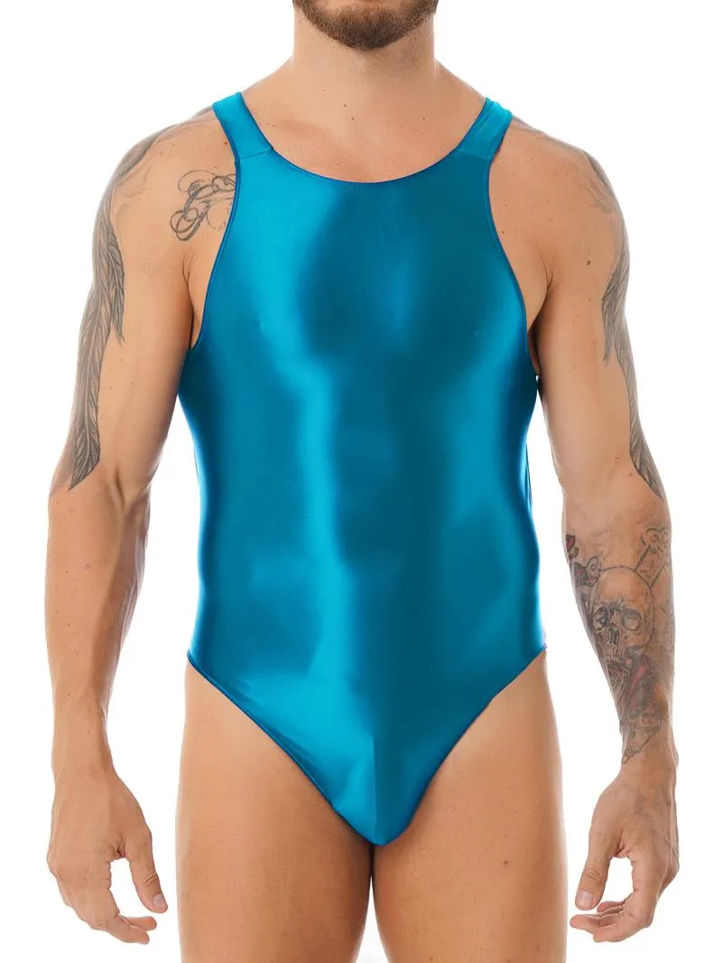 ملابس السباحة للرجال ألوان صلبة لامعة من قطعة واحدة