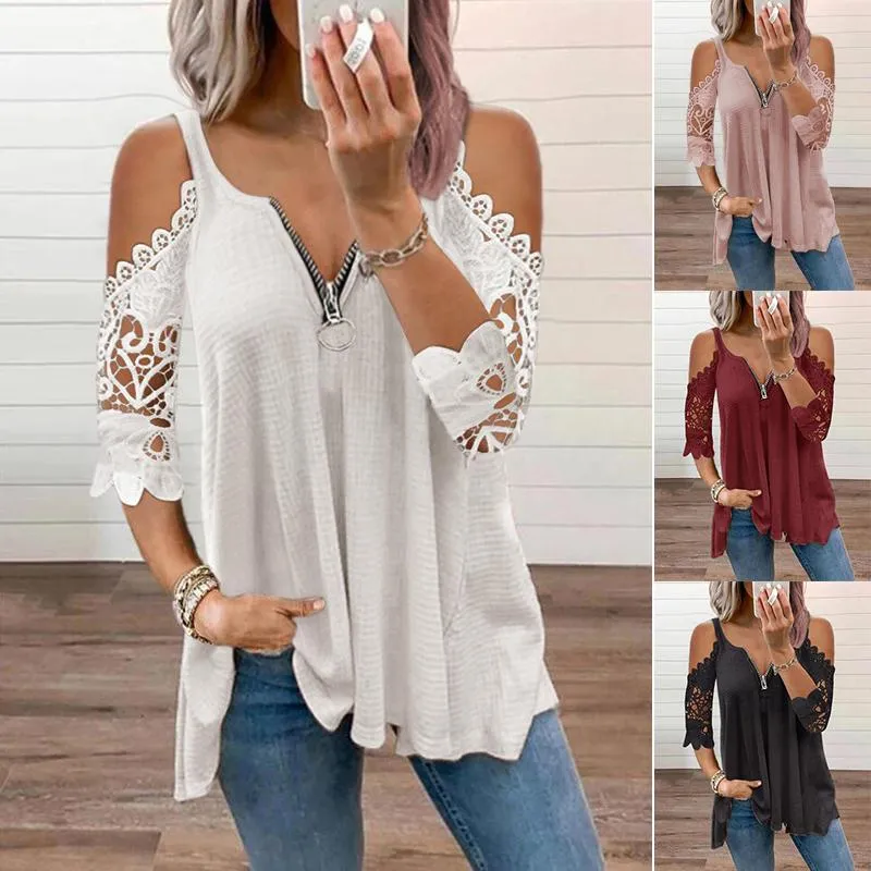 T-Shirt da donna 2022 Abbigliamento estivo Sexy Spalle scoperte Patchwork in pizzo Scollo a V Casual Elegante Tunica Moda Donna Top Taglie forti