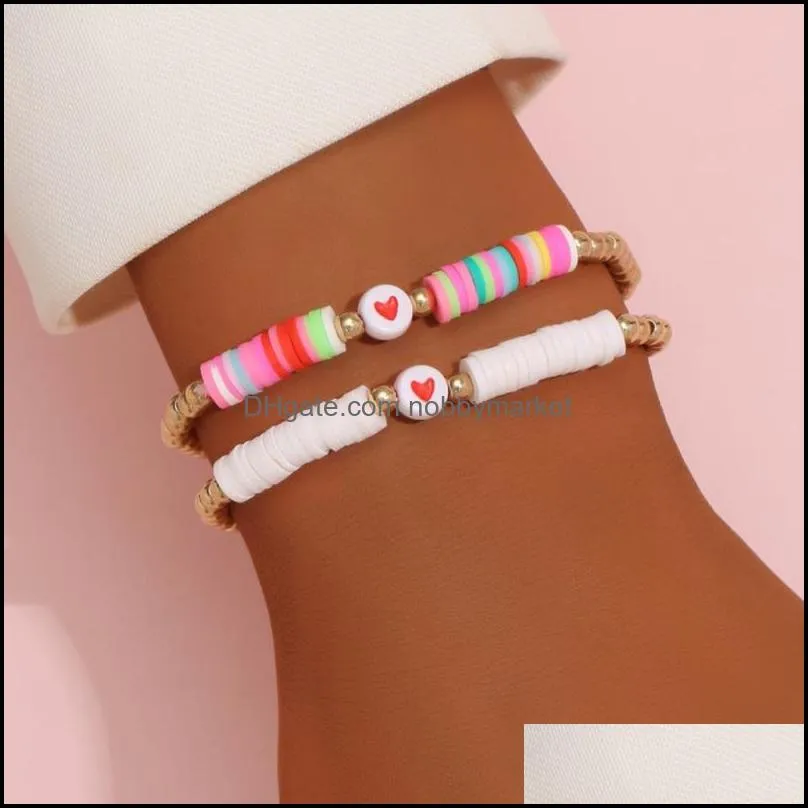 Verão Praia Estilo CCB Beads Polímero de Argila Cordilhas Red Hearts Pulseira Para As Mulheres Presente Atacado 2 Pçs / Set Drop Delivery 2021 Frisado Brac