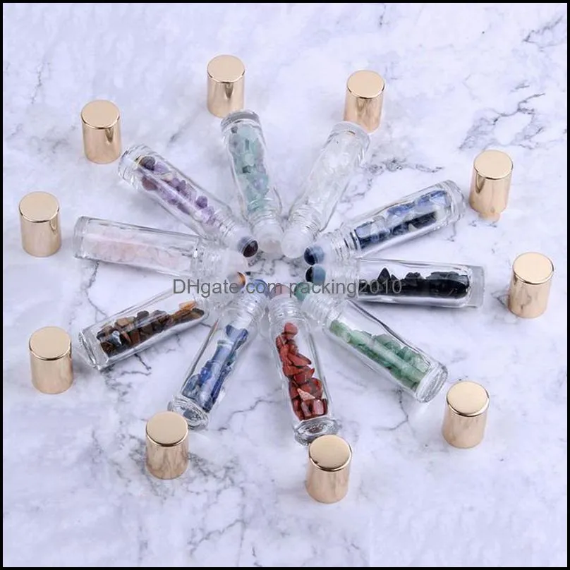 10ML Natural Semiprecious Stones ssential Oil Gemstone Roller Ball Bottles Clear Glass Healing Crystal Chips