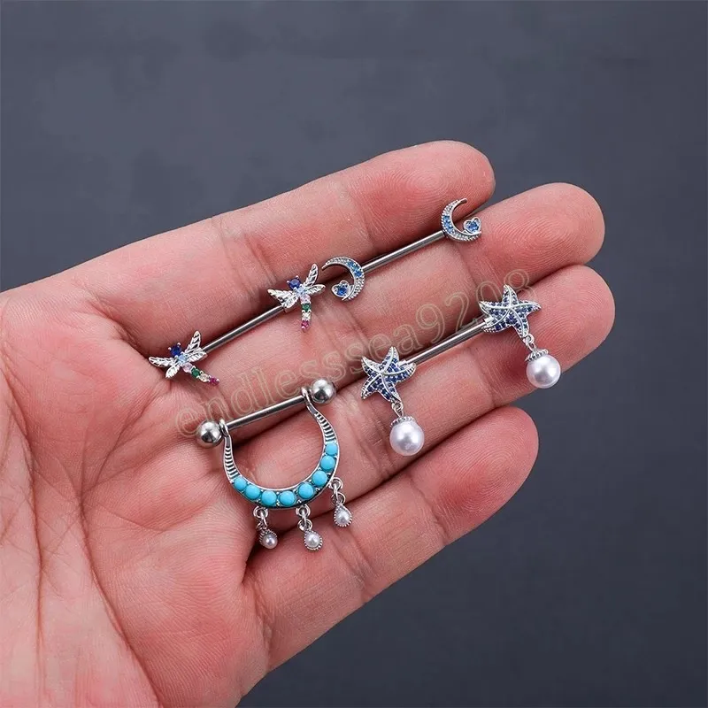 Cute Crystal Nipple Piercings Barbell Red Blue Color Star Moon