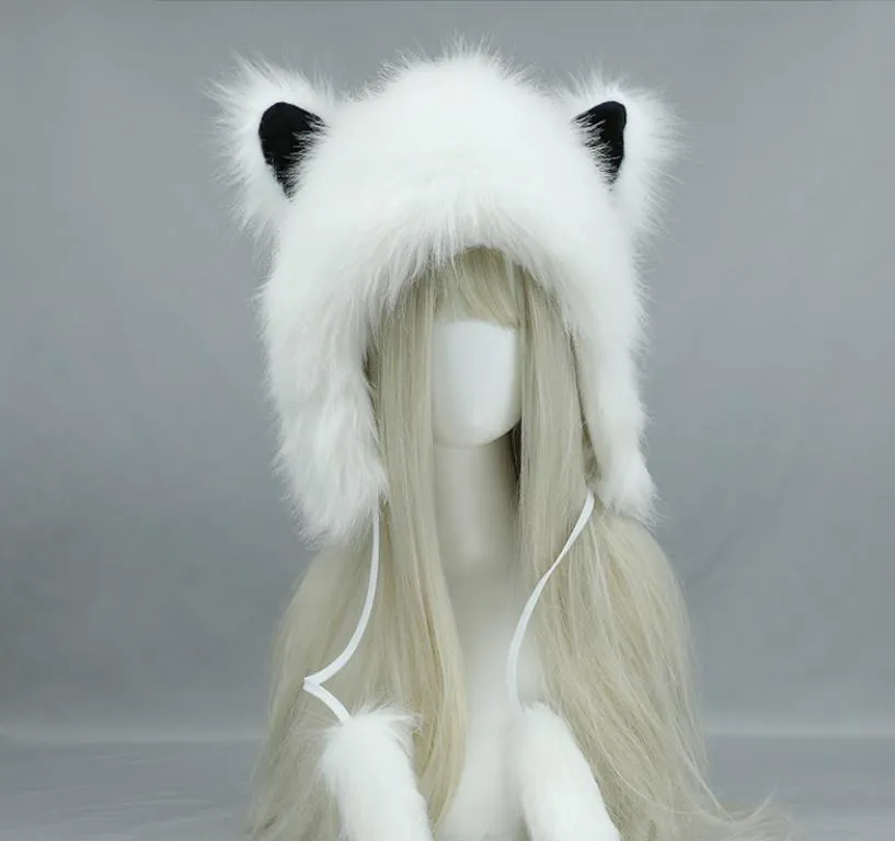 Faux Fur Cat Ear Beanie Hat Winter Warm Soft Fuzzy Earflap Cap for Skiing Motorcycle Cosplay Halloween Party Black