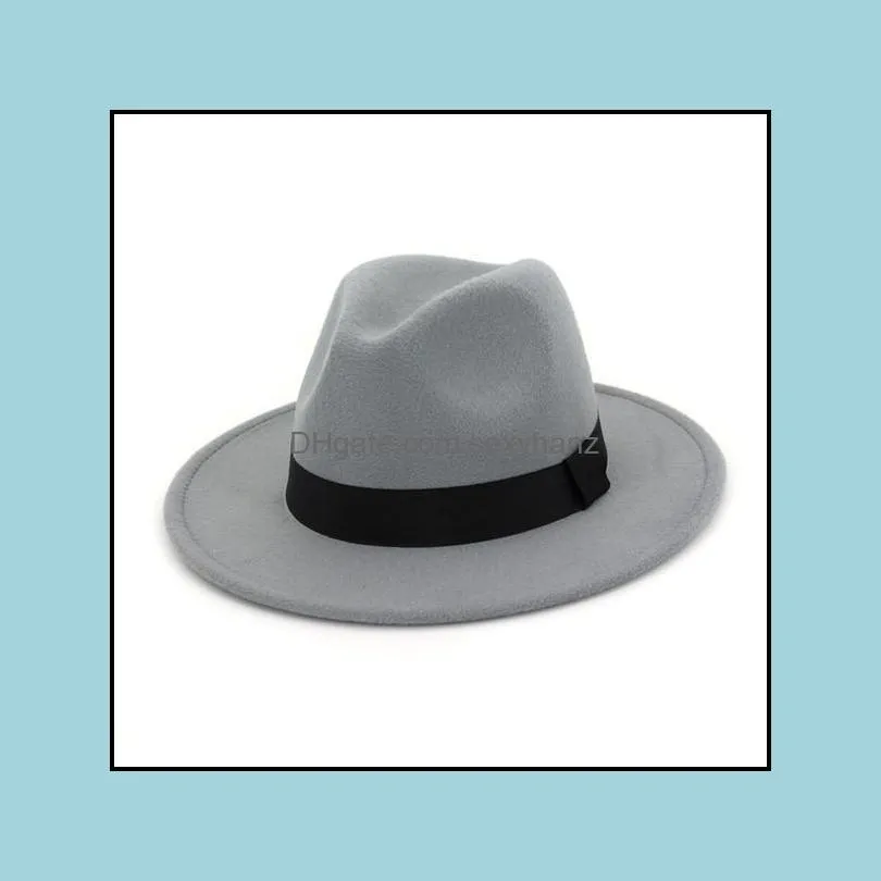 trend unisex wool felt jazz fedora hats casual men women ribbon band wide brim felt hat panama trilby formal party cap