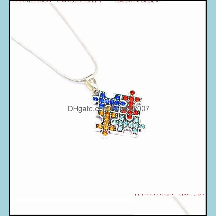 Autism Awareness Jigsaw Necklace Multicolor Crystal Puzzle Piece Pendant Necklace Jewelry