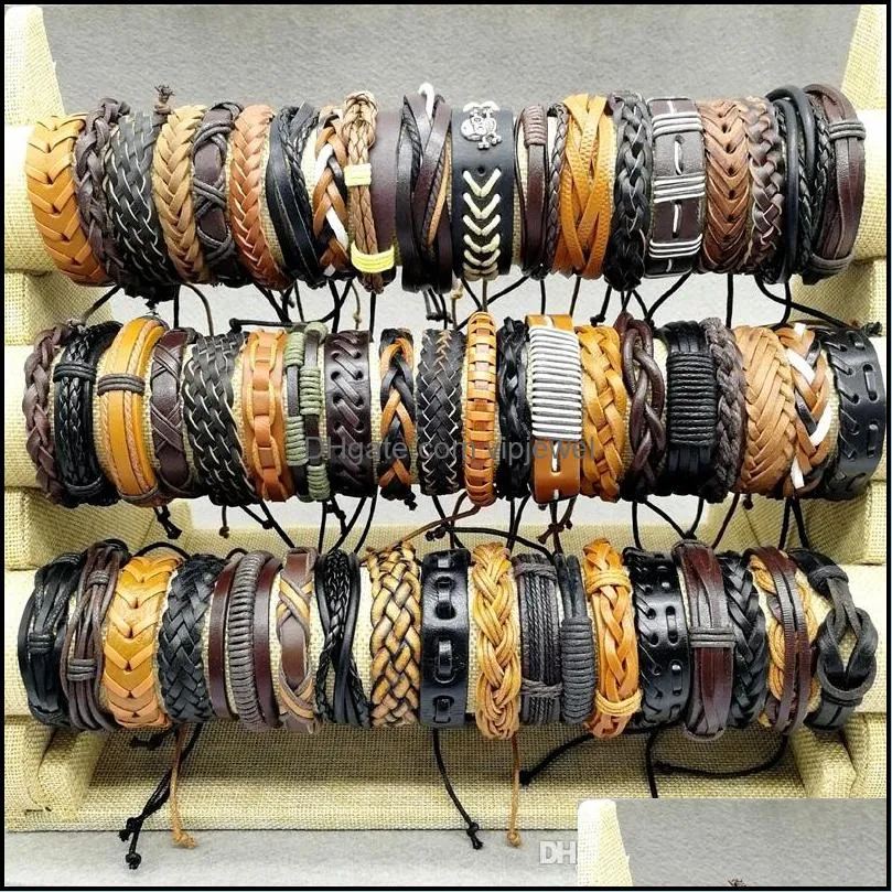 Handmade retro leather bangle Lots 50pcs/lot charm Cuff Bracelets Mix Styles Metal good gift made of pure cow fit Men`s Women`s Jewelry