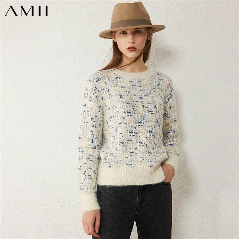 Amii minimalizm Autumn Winter Fashion Sweter Kobiety Vintage Oneck Tweed Pełny rękaw grube swetry dla kobiet Tops 12040307 201102
