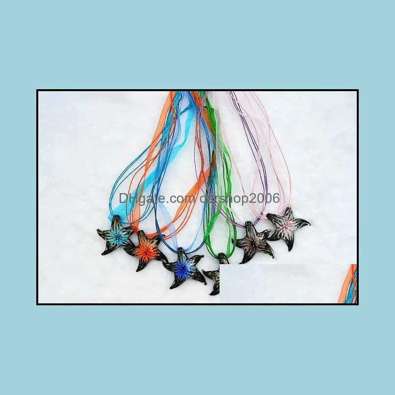 fashion wholesale 6color necklaces handmade murano lampwork glass mix color inner flower starfish pendants necklace