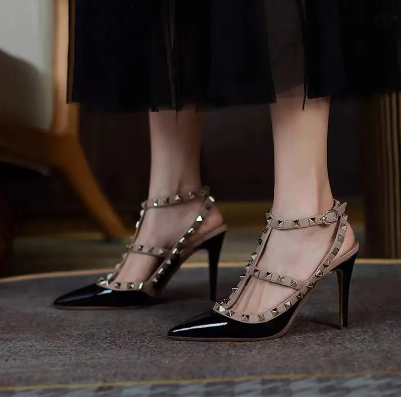 Women s Nude Patent Leather Buckle Strap Gladiator Stiletto Pointed Toe Ankle Strap Sandals with Studs 10cm High Heel