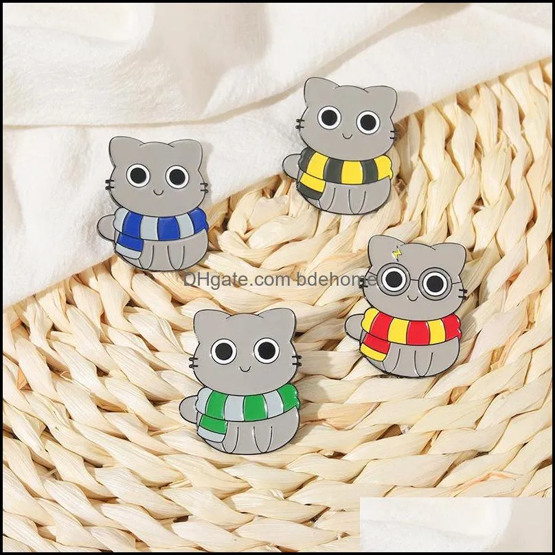 european gray cat in scarf series jeans brooches pins unisex alloy cartoon animal kitty lapel pins children schoolbag sweater clothes buckle badge