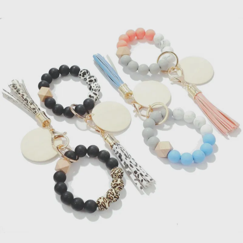 Fashion Wood Chip Silicone Bead Bracelet Keychain Party Favor Pendant 14 Colors Women Key Ring Wrist Strap Tassels Handchain Keys Ring B6