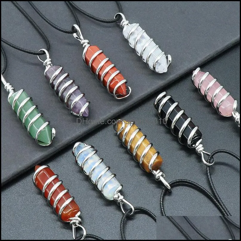 Arts And Crafts Natural Crystal Stone Agate Spiral Wire Hexagon Pendant Necklace 7 Chakra Amethyst Rose Quartz Necklaces Wo Sports2010 Dhvxp